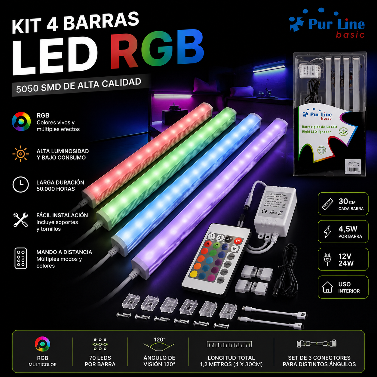 Kit 4 Barras LED RGB Purline